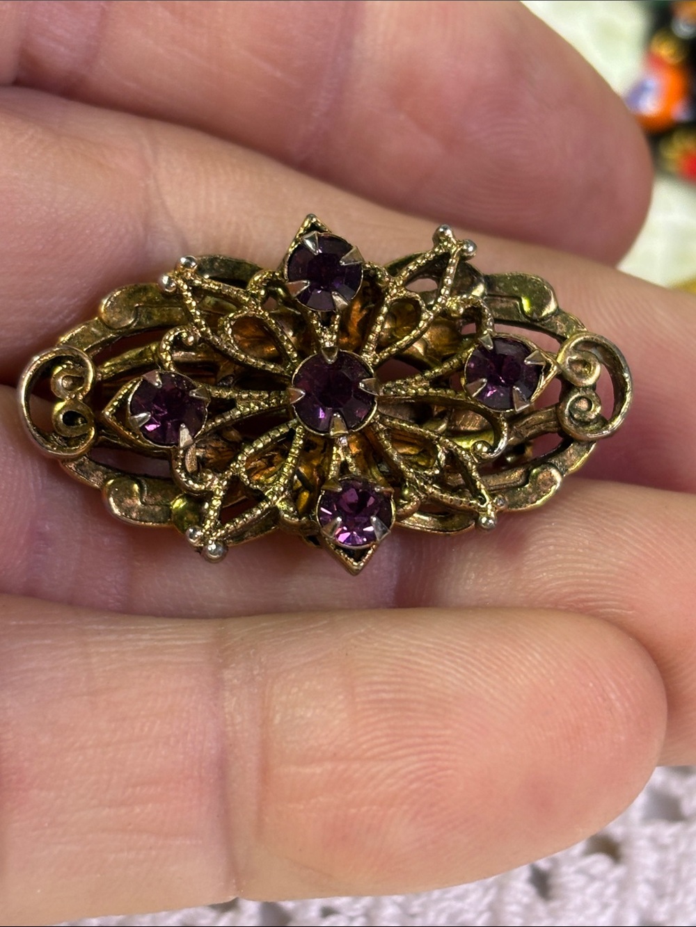 Vintage Gold Filigree Brooch with Purple rhinestones